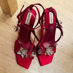 ANTONIO MELANI Crimson Satin Floral Jewel Strappy Heels